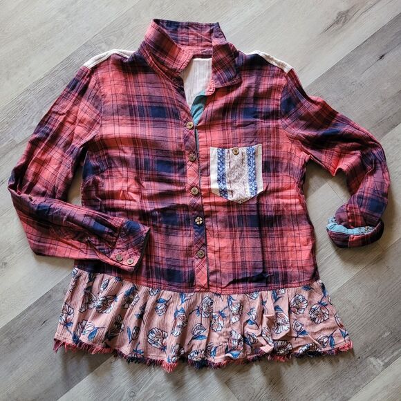 JOHN MARK Medium Plaid Embroidery Flannel Peplum Cottagecore Boho Floral Southwe - Picture 1 of 7